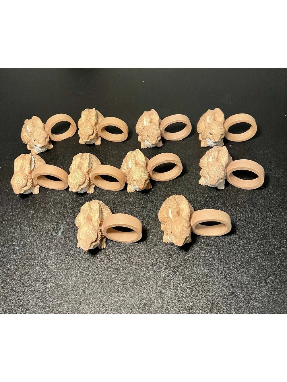 Vintage 1990s Set Of 10 Bunny Rabbit Figural Resin Napkin Rings, 2.5x2”